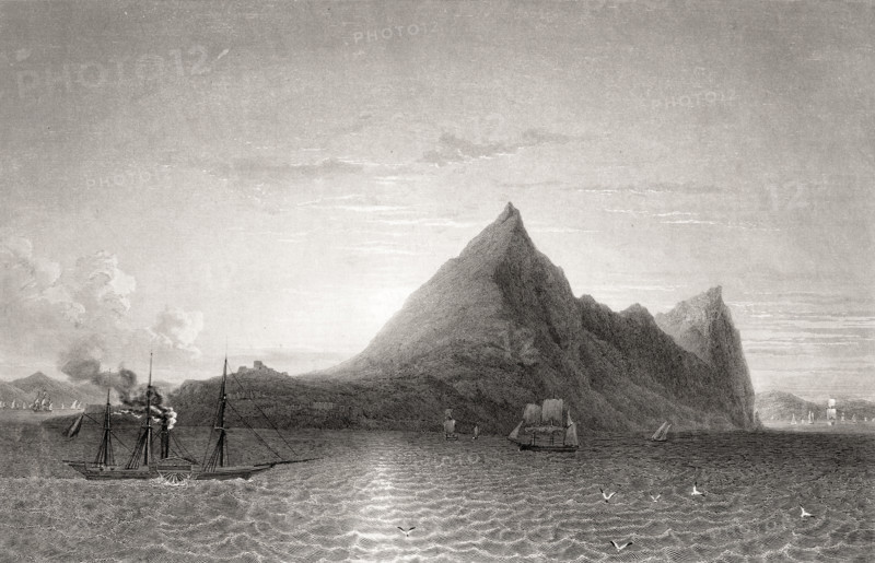 Gibraltar with steam ship and sailing ship.  19th century. Artist: Bouquet. Engraver: Lamperiere.