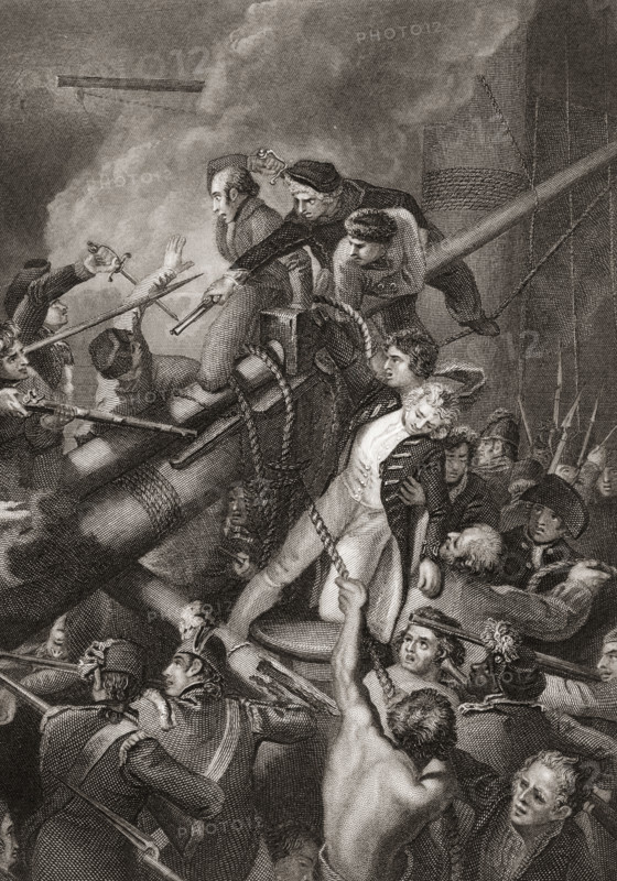 The Death of Captain Faulknor in 1795 when his ship HMS Blanche captured the Pique of the French Navy during Revolutionary Wars. Robert Faulknor the younger