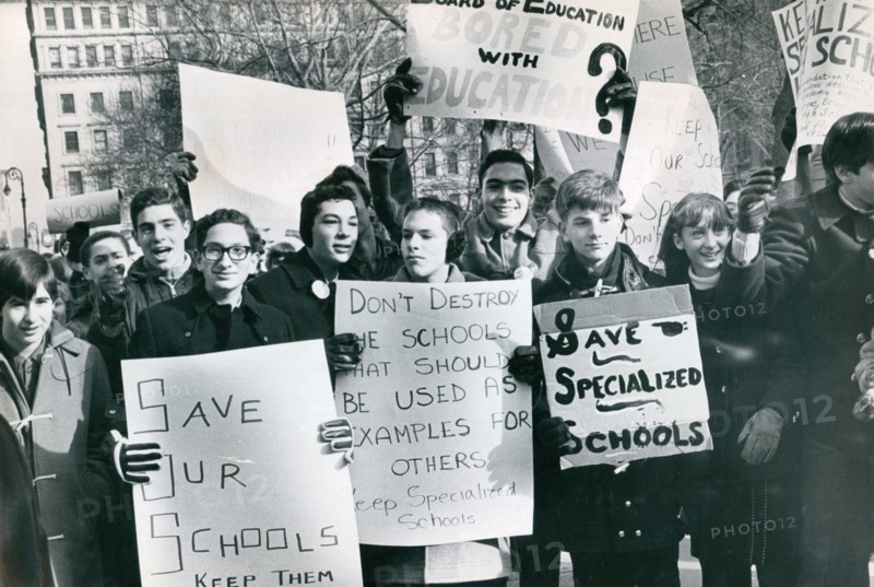 Three hundred students from specialized high schools across New York City attend a protest against educational budget cuts at City Hall