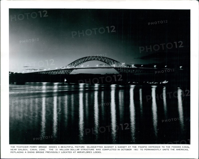 The Thatcher Ferry Bridge at night.  The bridge spans the Panama Canal near the Pacific entrance to the Canal at Balboa.
