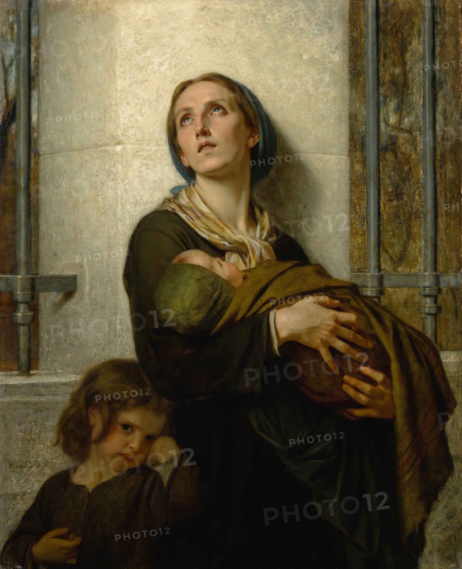 Hugues Merle (1822-1881), French painter: The Forgotten, The Forgotten or The Poor Mother, a desperate mother holding a sleeping baby while another child clings to her, painting, reproduction of the painting, artwork, historical.