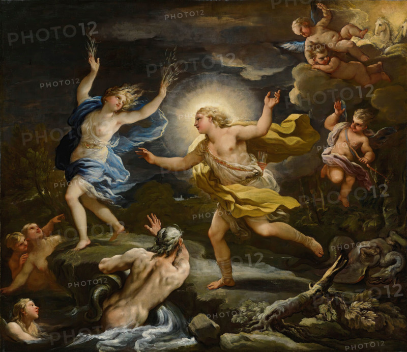 Luca Giordano (born October 18, 1634, died January 3, 1705), known as Fa Presto, Italian Baroque painter and etcher, Apollo and Daphne, painting, reproduction of the painting in its original state, artwork, historical.