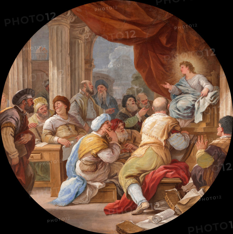 Luca Giordano (born October 18, 1634, died January 3, 1705), known as Fa Presto, Italian Baroque painter and etcher, Christ Among the Doctors (c. 1685), painting, reproduction of the painting in its original state, artwork, historical.
