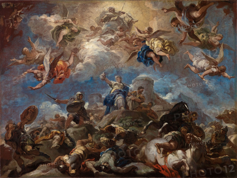 Luca Giordano (born October 18, 1634, died January 3, 1705), known as Fa Presto, Italian Baroque painter and etcher, Judith Displaying the Head of Holofernes (1703–4), painting, reproduction of the painting in its original state, artwork, historical.