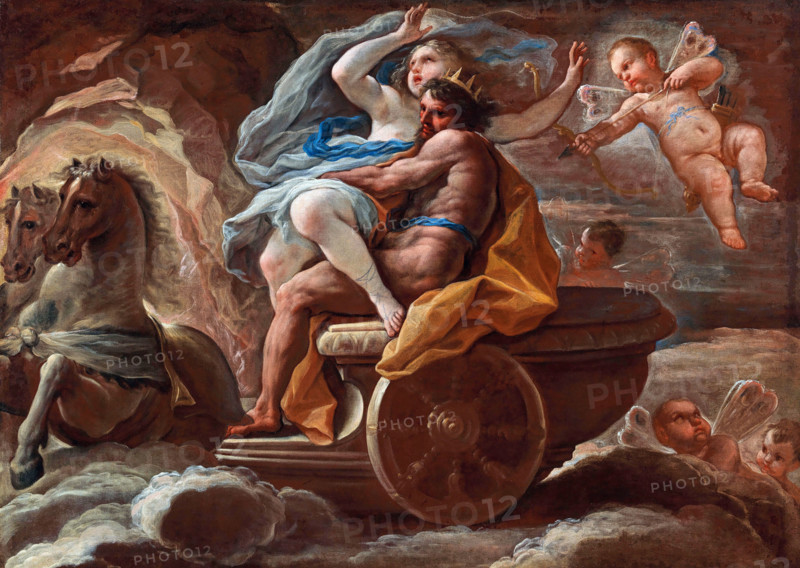 Luca Giordano (born October 18, 1634, died January 3, 1705), known as Fa Presto, Italian Baroque painter and etcher, The Abduction of Proserpina, painting, reproduction of the painting in its original state, artwork, historical.