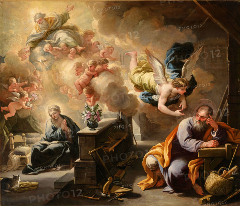 Luca Giordano (born October 18, 1634, died January 3, 1705), known as Fa Presto, Italian Baroque painter and etcher, The Dream of St. Joseph (1700), painting, reproduction of the painting in its original state, artwork, historical.