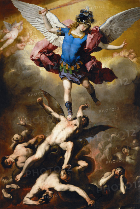 Luca Giordano (born October 18, 1634, died January 3, 1705), known as Fa Presto, Italian Baroque painter and etcher, The Fall of the Rebel Angels (1660-1665), painting, reproduction of the painting in its original state, artwork, historical.