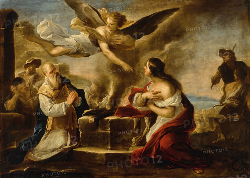 Luca Giordano (born October 18, 1634, died January 3, 1705), known as Fa Presto, Italian Baroque painter and etcher, The Sacrifice of Manoah, painting, reproduction of the painting in its original state, artwork, historical.