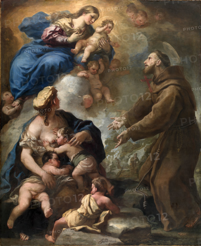 Luca Giordano (born October 18, 1634, died January 3, 1705), known as Fa Presto, Italian Baroque painter and etcher, The Virgin and Child Appearing to Saint Francis of Assisi (1680s), The Virgin Mary with the Child Appearing to Saint Francis of Assisi (1680s), painting, reproduction of the painting in its original state, artwork, historical.