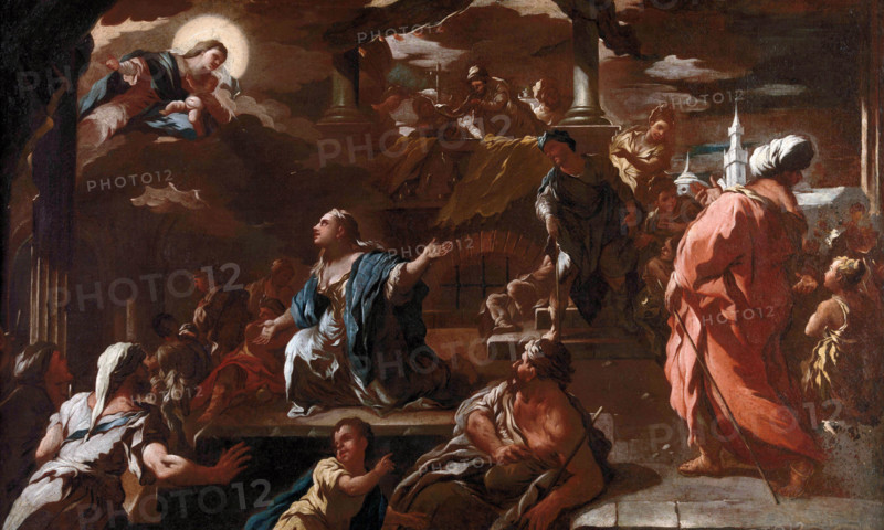 Luca Giordano (born October 18, 1634, died January 3, 1705), known as Fa Presto, Italian Baroque painter and etcher, The Vision of Saint Mary of Egypt, painting, reproduction of the painting in its original state, artwork, historical.