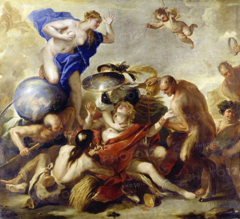 Luca Giordano (born October 18, 1634, died January 3, 1705), known as Fa Presto, Italian Baroque painter and etcher, Youth Tempted by the Vices (1664), painting, reproduction of the painting in its original state, artwork, historical.