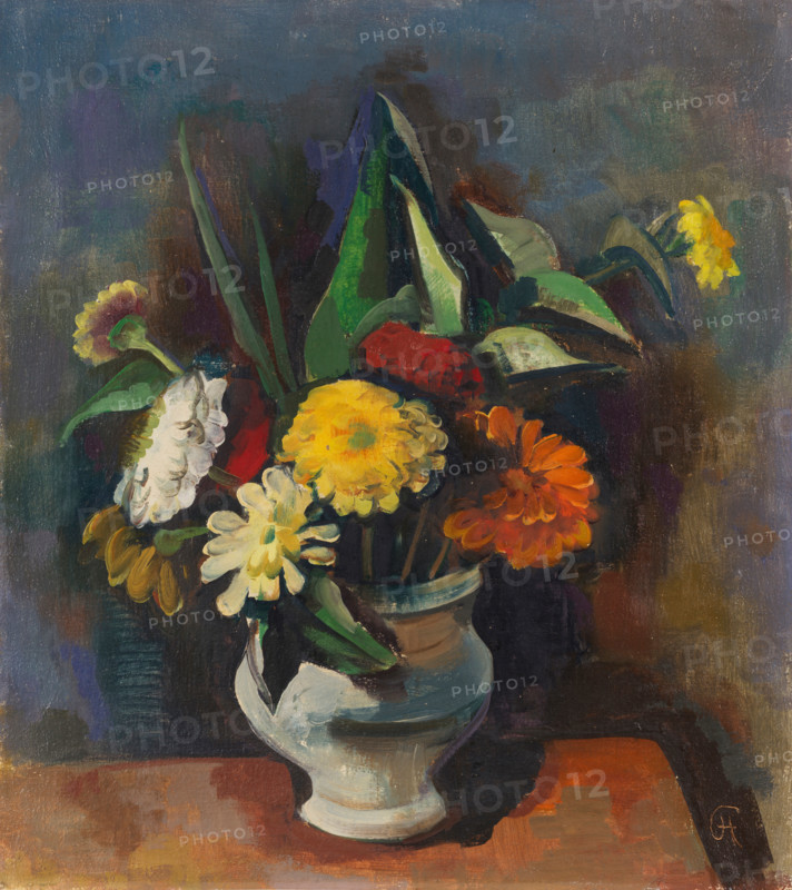 Karl Christian Ludwig Hofer, also Carl Hofer (born October 11, 1878, died April 3, 1955), German painter of Expressionism and Expressive Realism. Shown here is his work Bouquet of flowers in a gray vase, zinnia (1933), a painting, reproduction of the painting, in its original condition, a work of art, historical.