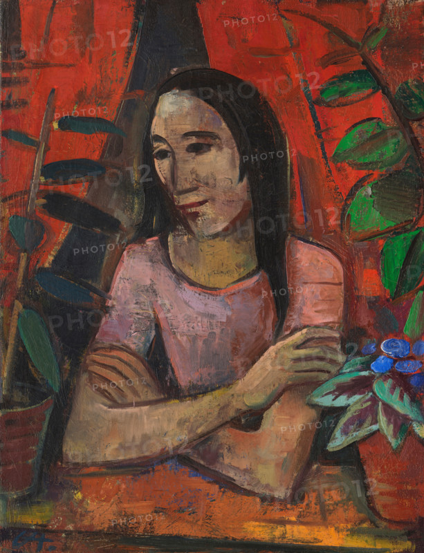 Karl Christian Ludwig Hofer, also Carl Hofer (born October 11, 1878, died April 3, 1955), German painter of Expressionism and Expressive Realism. Shown here is his work Girl at the Window with Leafy Plants (1920), a reproduction of the painting in its original condition, a work of art, historical.