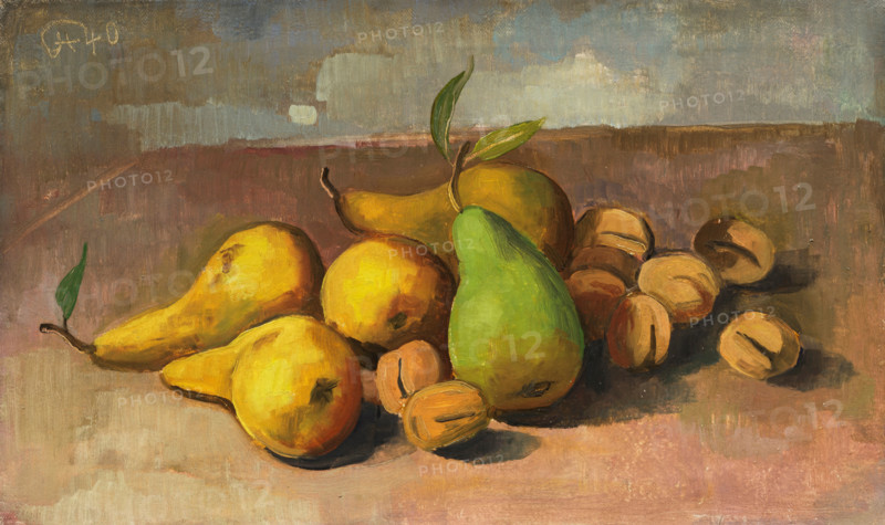 Karl Christian Ludwig Hofer, also Carl Hofer (born October 11, 1878, died April 3, 1955), German painter of Expressionism and Expressive Realism. Shown here is his work Still Life with Pears and Apricots (1940), a reproduction of the painting in its original condition, a work of art, historical.
