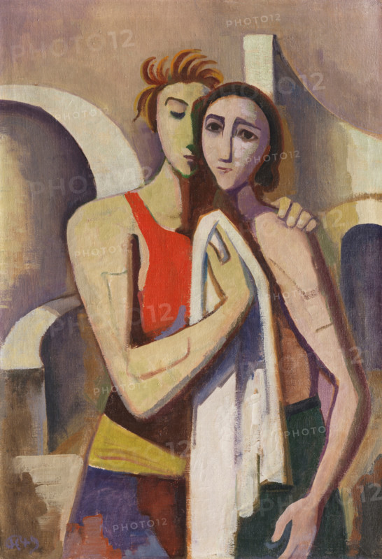 Karl Christian Ludwig Hofer, also Carl Hofer (born October 11, 1878, died April 3, 1955), German painter of Expressionism and Expressive Realism. Shown here is his work Two Women in Front of Architecture (1949), a reproduction of the painting in its original condition, a work of art, historical.