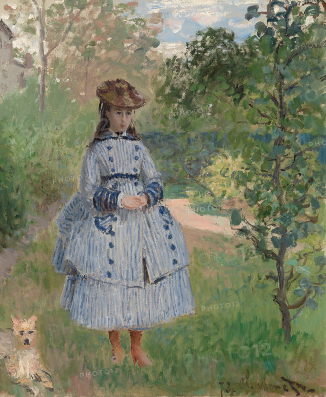 Claude Monet (born November 14, 1840, in Paris as Oscar-Claude Monet, died December 5, 1926), a significant French painter, is associated with the Impressionist movement. Shown here is his work, Girl with Dog (1873).