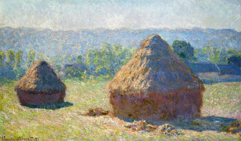 Claude Monet (born Oscar-Claude Monet on November 14, 1840, in Paris; died December 5, 1926) was a significant French painter, a member of the Impressionist movement. Shown here is his work, Haystacks, End of Summer (1891).