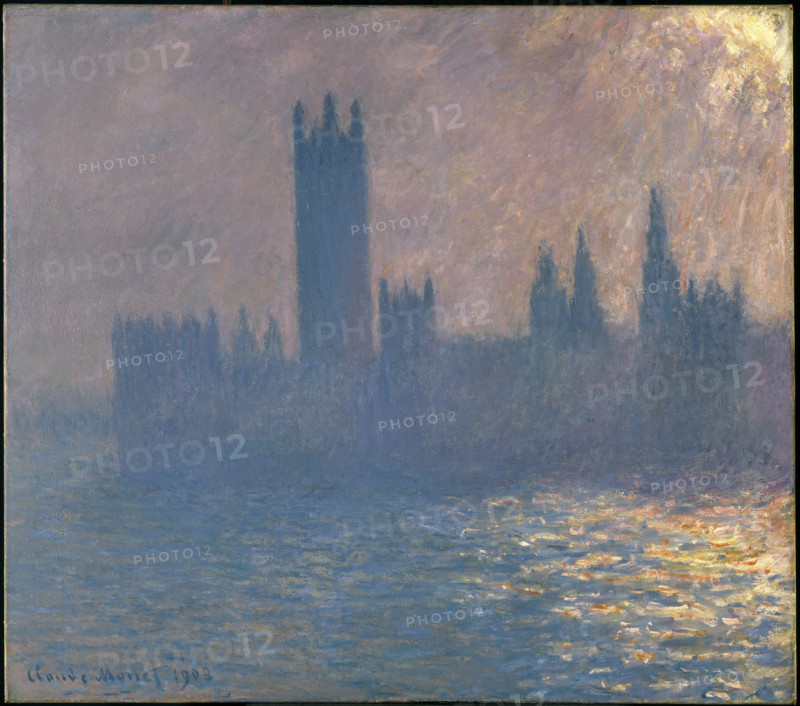 Claude Monet (born Oscar-Claude Monet on November 14, 1840, in Paris; died December 5, 1926) was a significant French painter, a member of the Impressionist movement. Shown here is his work, Houses of Parliament, Sunlight Effect (Le Parlement, effet de soleil) (1903).