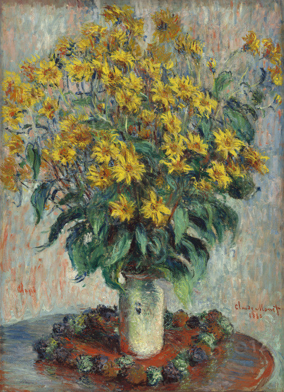 Claude Monet (born Oscar-Claude Monet on November 14, 1840, in Paris; died December 5, 1926) was a significant French painter, a member of the Impressionist movement. Shown here is his work, Jerusalem Artichoke Flowers (1880).