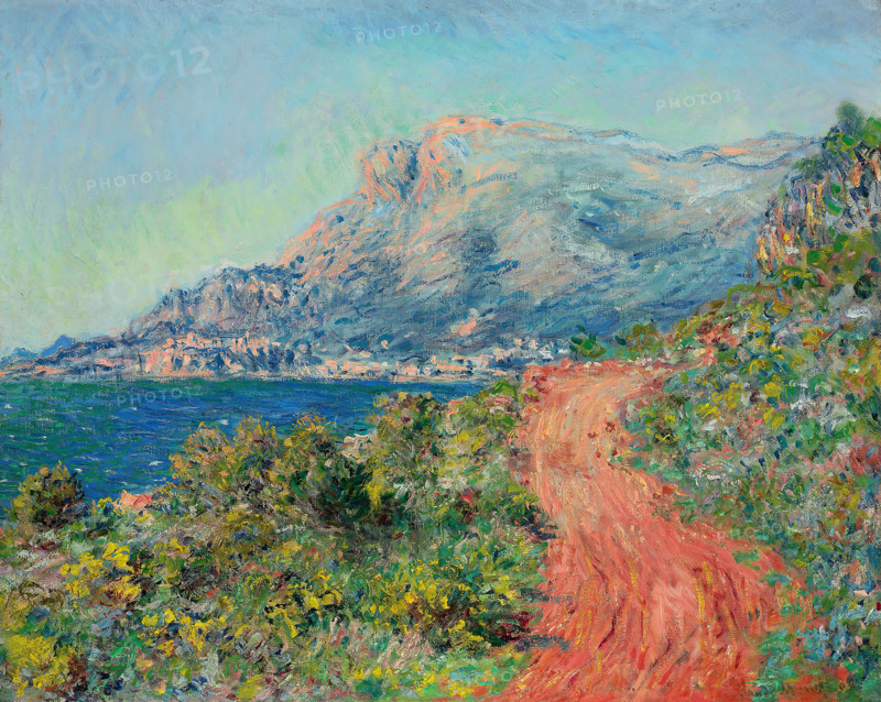 Claude Monet (born Oscar-Claude Monet on November 14, 1840, in Paris; died December 5, 1926) was a significant French painter, a member of the Impressionist movement. Shown here is his work, The Red Road near Menton (1884).