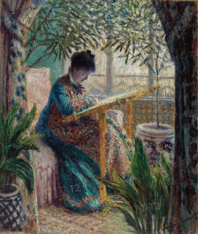 Claude Monet (born Oscar-Claude Monet on November 14, 1840, in Paris; died December 5, 1926) was a significant French painter, a member of the Impressionist movement. Shown here is his work, Madame Monet Embroidering, Camille at Work (1875).