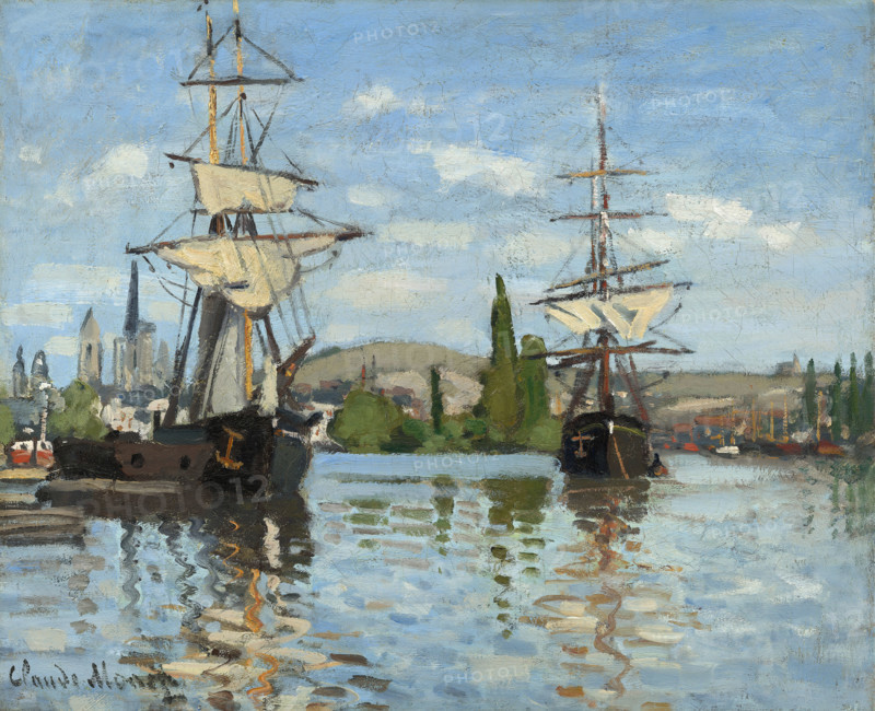 Claude Monet (born Oscar-Claude Monet on November 14, 1840, in Paris; died December 5, 1926) was a significant French painter, a member of the Impressionist movement. Shown here is his work, Ships Riding on the Seine at Rouen (1872-1873).