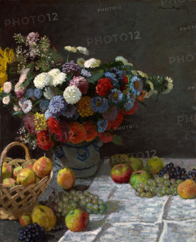 Claude Monet (born Oscar-Claude Monet on November 14, 1840, in Paris; died December 5, 1926) was a significant French painter, a member of the Impressionist movement. Shown here is his work, Still Life with Flowers and Fruit (1869).