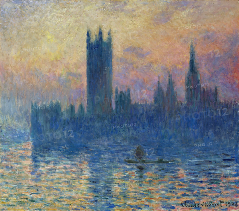 Claude Monet (born Oscar-Claude Monet on November 14, 1840, in Paris; died December 5, 1926) was a significant French painter, a member of the Impressionist movement. Shown here is his work, *The Houses of Parliament, London, Sunset* (1903).