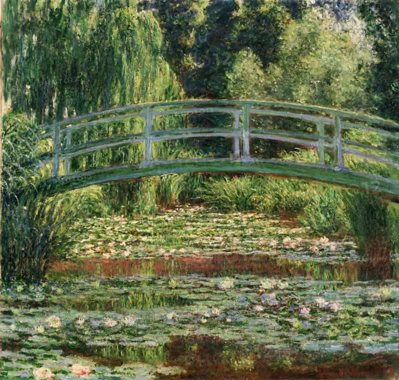 Claude Monet (born Oscar-Claude Monet on November 14, 1840, in Paris; died December 5, 1926) was a significant French painter, a member of the Impressionist movement. Shown here is his work, *The Japanese Footbridge and the Water Lily Pool*, *Giverny* (1899).