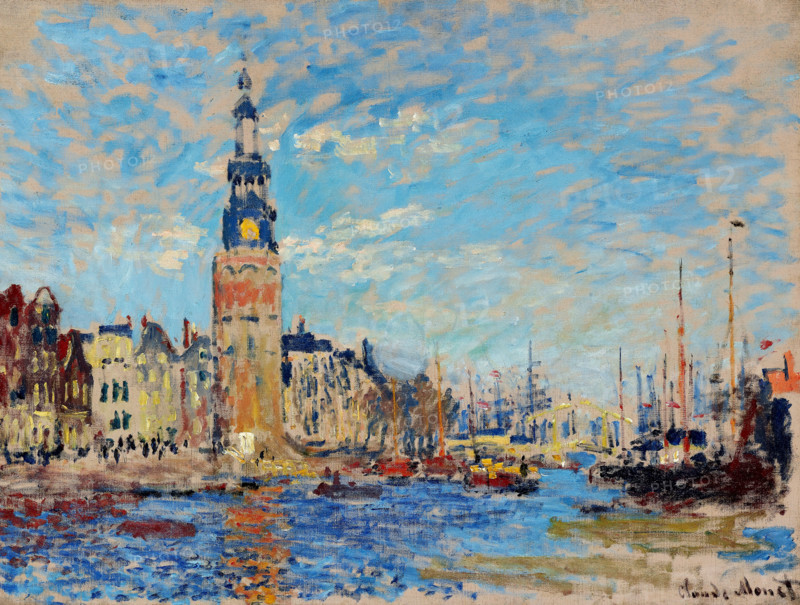 Claude Monet (born Oscar-Claude Monet on November 14, 1840, in Paris; died December 5, 1926) was a significant French painter, a member of the Impressionist movement. Shown here is his work, *Vue de la tour Montalban, Amsterdam* (1874), View from the Montalban Tower, Amsterdam.