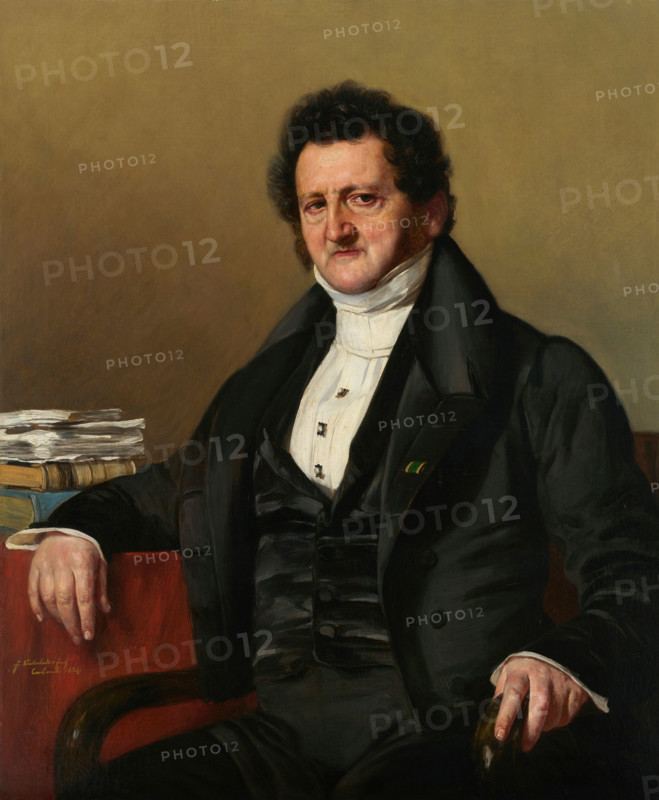 Franz Xaver Winterhalter (April 20, 1805 – July 8, 1873), a German painter, was among the most sought-after and famous portrait painters. His work is shown here: Banker David Seligmann, Baron von Eichthal (1834). David Baron von Eichthal, born Seligmann (February 15, 1775 in Leimen – May 5, 1850 in Karlsruhe), was one of Badens leading industrialists in the first half of the 19th century. [Image caption: Painting, reproduction of the painting, artwork, historical].