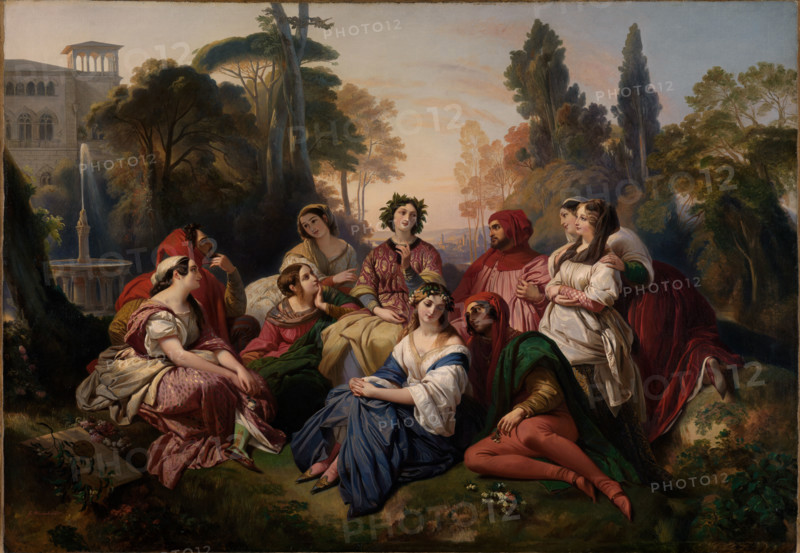 Franz Xaver Winterhalter (April 20, 1805 – July 8, 1873), a German painter, was among the most sought-after and famous portrait painters. His work, The Decameron (1837), is shown here. This is a reproduction of the painting, a work of art, and a historical piece.