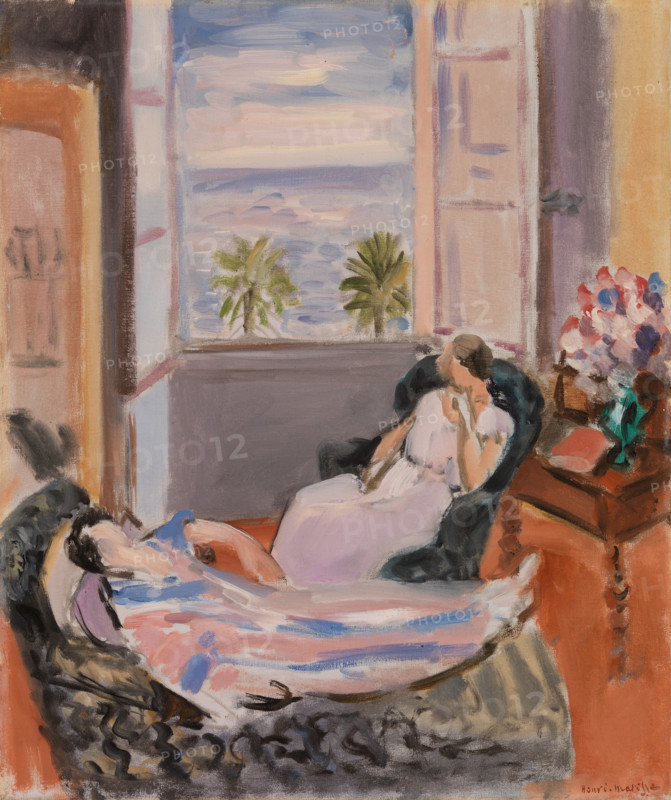 Henri Matisse, Henri Emile Benoit Matisse (born December 31, 1869, died November 3, 1954 in Cimiez), French painter, graphic artist, draftsman, Classical Modernist. Here is his work: Interior with Two Figures, Open Window (1922), Interior with two figures, open window, painting, reproduction of the painting, artwork, historical.