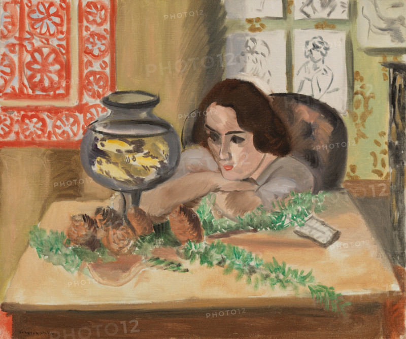 Henri Matisse, Henri Emile Benoit Matisse (born December 31, 1869, died November 3, 1954 in Cimiez), French painter, graphic artist, draftsman, Classical Modernist. His work includes: Young Woman before an Aquarium, Jeune fille devant un aquarium (1921-1922), Young Girl in Front of an Aquarium, painting, reproduction of the painting, artwork, historical.