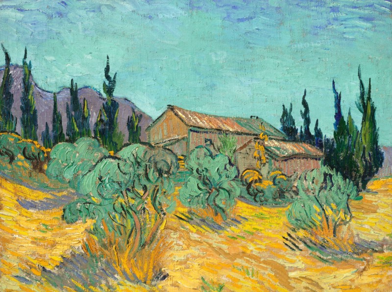 Wooden cabins nestled among olive trees and cypresses (1889)