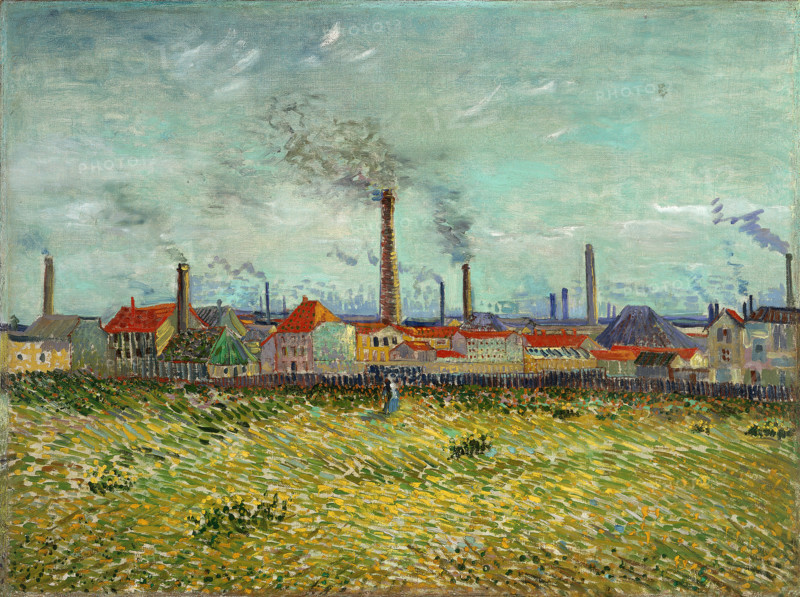Factories at Clichy (1887), a painting by Vincent Willem van Gogh (born March 30, 1853, in Groot-Zundert; died July 29, 1890, in Auvers-sur-Oise), Dutch painter and draftsman, one of the founders of modern painting. Illustration, reproduction of a painting. Authentic, exact date of the original unknown. Historical.