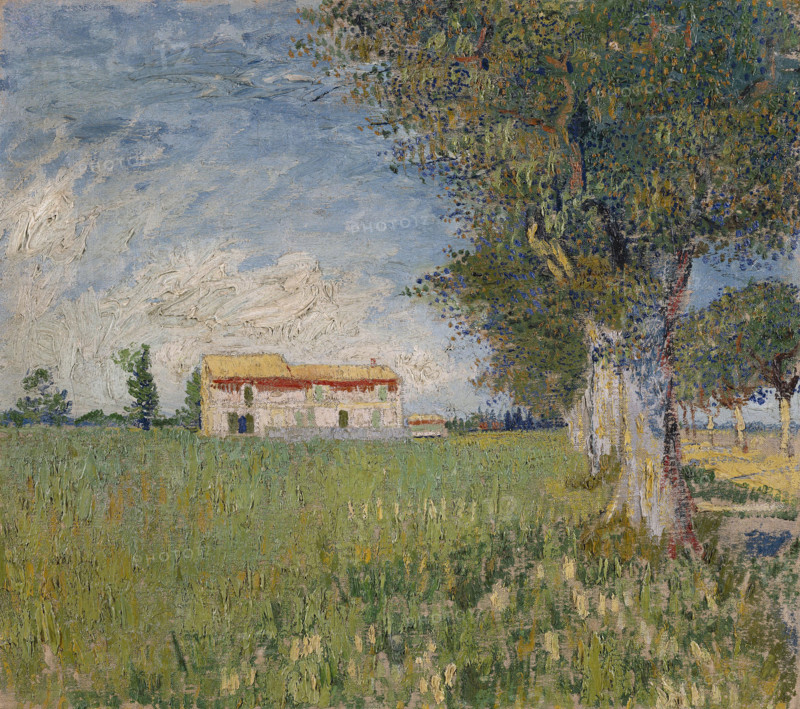 Farmhouse in a Wheat Field (1888), a painting by Vincent Willem van Gogh (born March 30, 1853, in Groot-Zundert; died July 29, 1890, in Auvers-sur-Oise), Dutch painter and draftsman, one of the founders of modern painting. Illustration, reproduction of a painting. Authentic, exact date of the original unknown, historical.