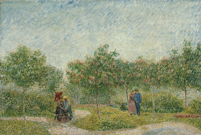 Garden in Montmartre with Lovers (1887), a painting by Vincent Willem van Gogh (born March 30, 1853, in Groot-Zundert; died July 29, 1890, in Auvers-sur-Oise), Dutch painter and draftsman, one of the founders of modern painting. Illustration, reproduction of a painting. Authentic, exact date of the original unknown, historical.