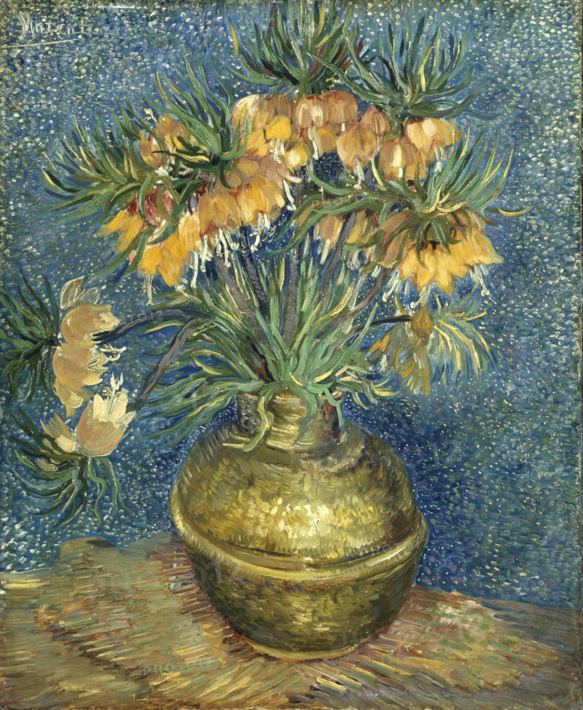 Imperial Fritillaries in a Copper Vase (1887), Imperial Mother-of-Pearl Flowers in a Copper Vase (1887), painting by Vincent Willem van Gogh (born March 30, 1853 in Groot-Zundert, died July 29, 1890 in Auvers-sur-Oise), Dutch painter and draftsman, one of the founders of modern painting, illustration, reproduction of a painting. Authentic, exact date of the original unknown, historical.
