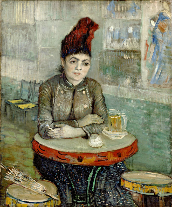 Agostina Segatori at the CafE du Tambourin (1887) is an oil painting by Vincent van Gogh depicting the Italian model and proprietress of the Parisian CafE Tambourin. It shows her smoking at a table, influenced by Japanese styles. The painting is by Vincent Willem van Gogh (born March 30, 1853, in Groot-Zundert; died July 29, 1890, in Auvers-sur-Oise), a Dutch painter and draftsman, one of the founders of modern painting. This illustration is a reproduction of a painting. Authentic, exact date of the original unknown, historical.