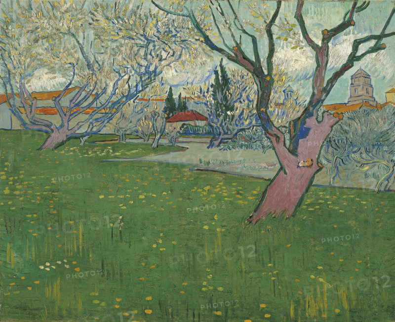 Orchards in Blossom, View of Arles (1889), a painting by Vincent Willem van Gogh (born March 30, 1853, in Groot-Zundert; died July 29, 1890, in Auvers-sur-Oise), Dutch painter and draftsman, one of the founders of modern painting. Illustration, reproduction of a painting. Authentic, exact date of the original unknown. Historical.