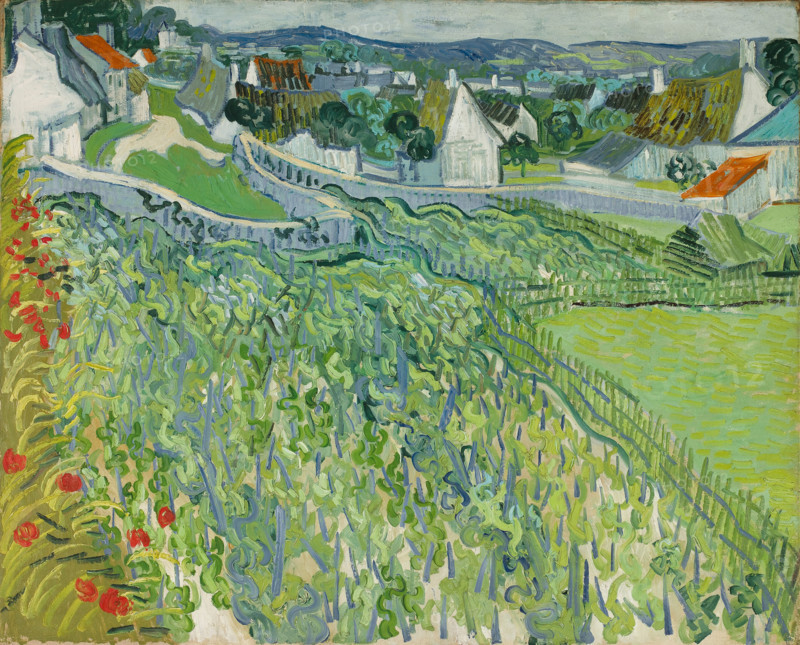 Vineyards at Auvers (1890), a painting by Vincent Willem van Gogh (born March 30, 1853, in Groot-Zundert; died July 29, 1890, in Auvers-sur-Oise), Dutch painter and draftsman, one of the founders of modern painting. Illustration, reproduction of a painting. Authentic, exact date of the original unknown. Historical.