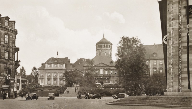 Germany, Bayreuth, the main square with Nazi paraments on buildings, January 1943
