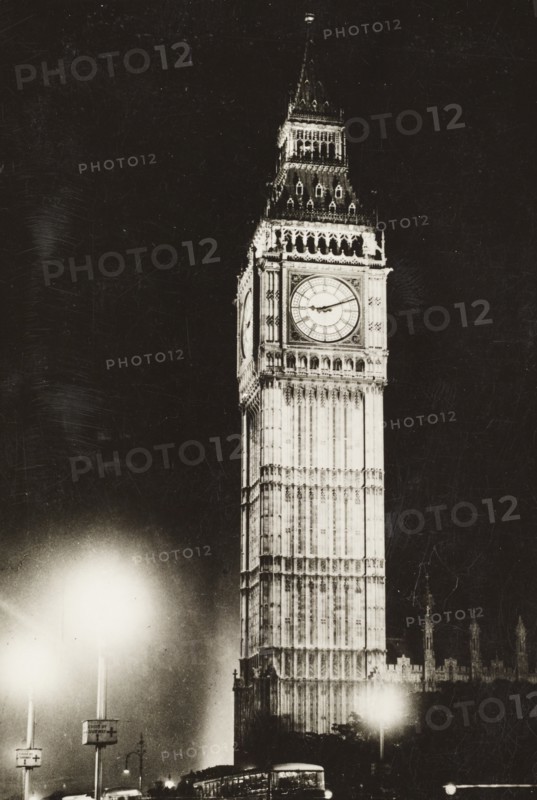 United Kingdom, Floodlit Big Ben, Elizabeth Tower, London, 1957 circa