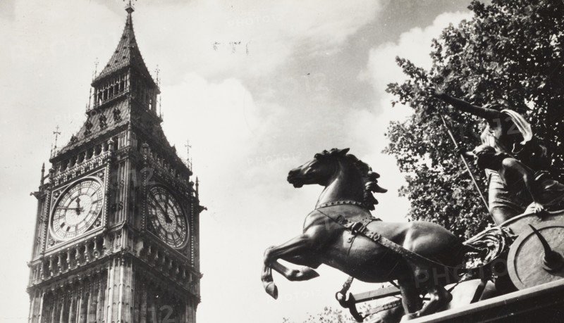 United Kingdom, Big Ben and Boadicea Statue, London, 1957 circa