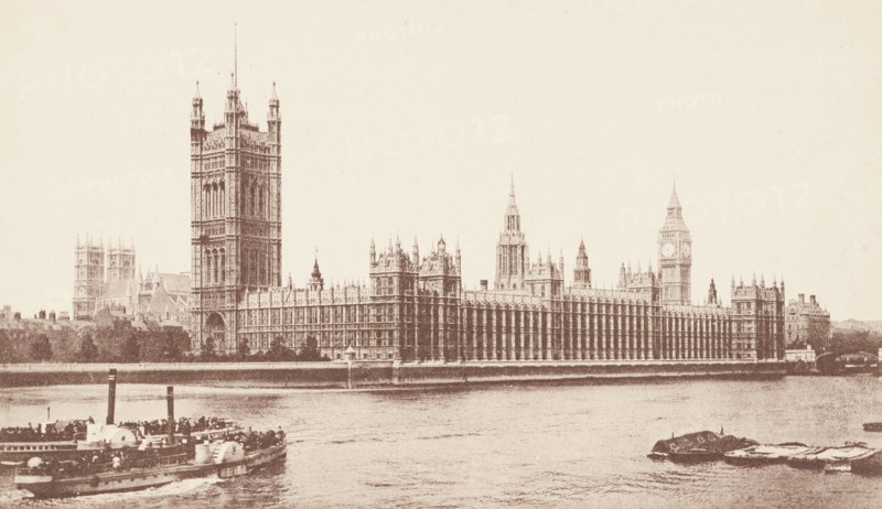 United Kingdom, Houses of Parliament from the Thames, London 1890 circa