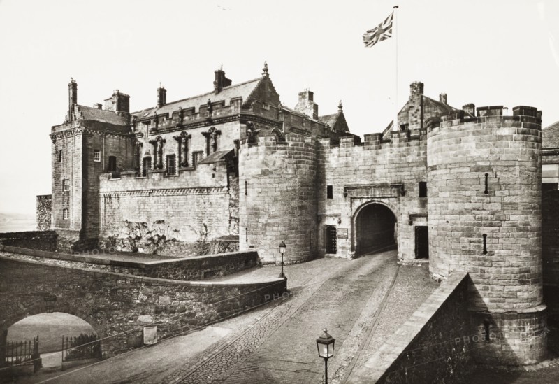 United Kingdom, Stirling Castle in Scotland, Portcullis Gate with Union Jack Flag, 1950 circa