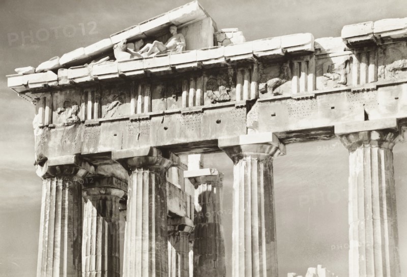 Athens Greece, Parthenon on the Acropolis of Athens, detail of the pediment with mythological frieze, 1900 circa