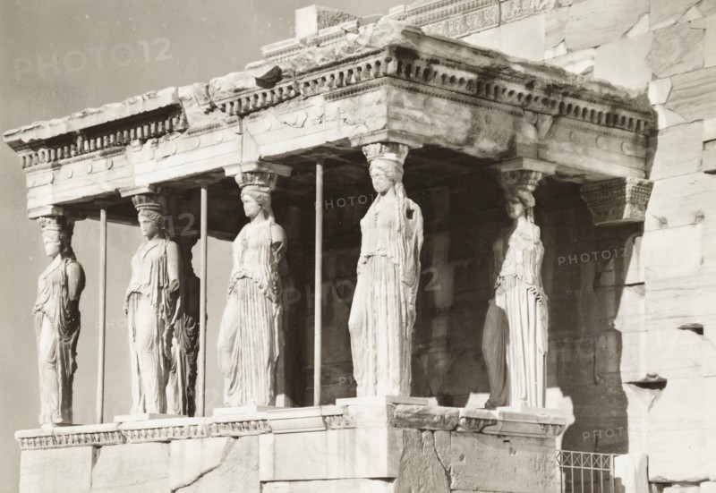 Athens Greece, Porch of the Caryatids on the Acropolis of Athens, part of the Erechtheion temple, 1900 circa