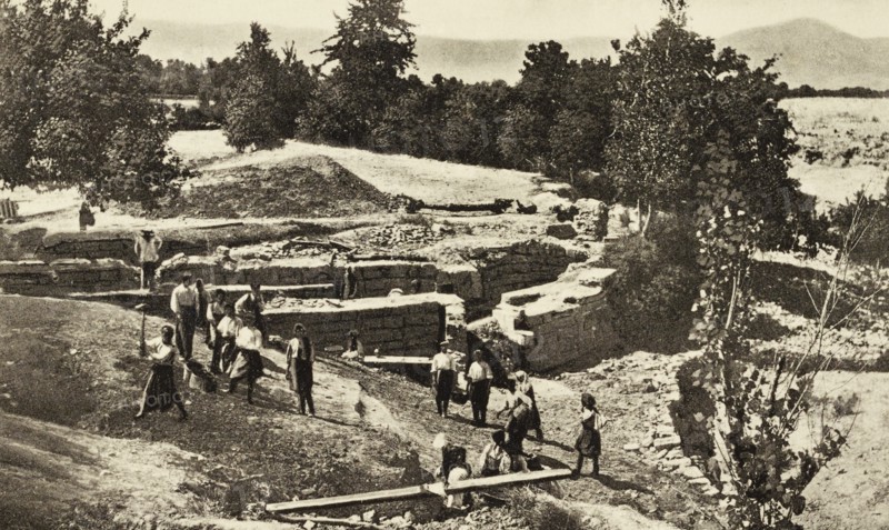 Greece, Crete, the archaeological excavations of the Odeon in the ancient cretan city of Gortyna or Gortinos guided by the Italian archaeologist Federico Halbherr, 1884 circa